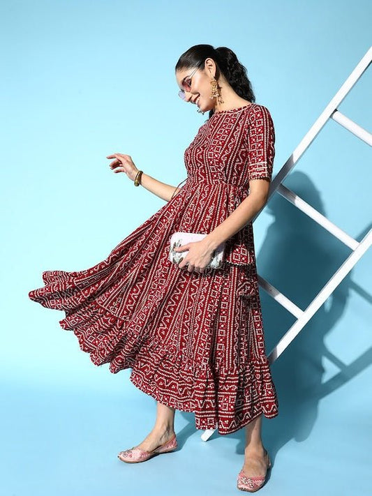 Maroon & White Boat Neck Bandhani Print Ethnic Midi Dress - Inddus.com