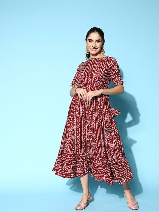 Maroon & White Boat Neck Bandhani Print Ethnic Midi Dress - Inddus.com