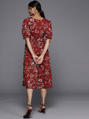 Maroon & White Floral Print Fit and Flare Midi Dress - Inddus.com