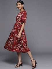 Maroon & White Floral Print Fit and Flare Midi Dress - Inddus.com