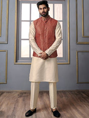 Maroon Woven Design Nehru Jacket - Inddus.com