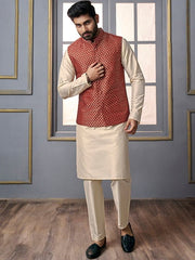 Maroon Woven Design Nehru Jacket - Inddus.com
