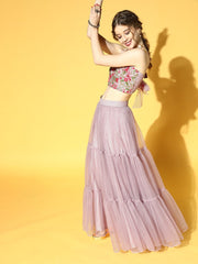 Mauve Embroidered Semi-Stitched Net Lehenga & Unstitched Choli With Dupatta - Inddus.com