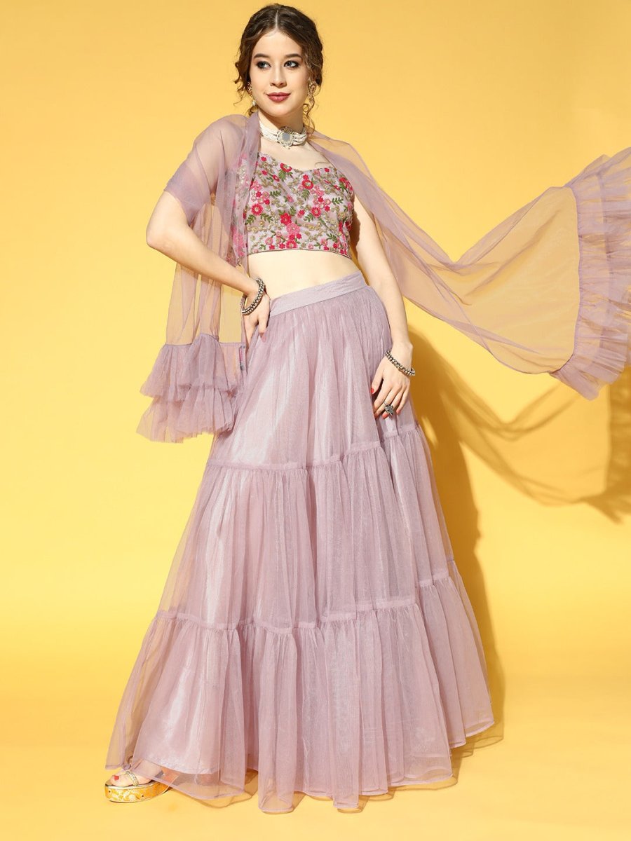 Mauve Embroidered Semi-Stitched Net Lehenga & Unstitched Choli With Dupatta - Inddus.com