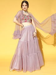 Mauve Embroidered Semi-Stitched Net Lehenga & Unstitched Choli With Dupatta - Inddus.com