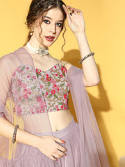 Mauve Embroidered Semi-Stitched Net Lehenga & Unstitched Choli With Dupatta - Inddus.com