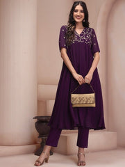 Mauve Floral Embroidered Georgette Anarkali Kurta with Trousers - Inddus.com