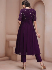 Mauve Floral Embroidered Georgette Anarkali Kurta with Trousers - Inddus.com