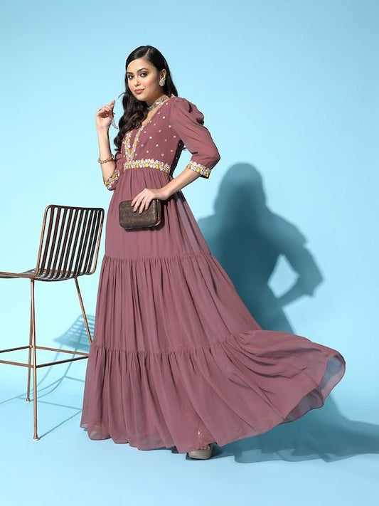 Mauve Floral Embroidered Georgette Maxi Dress - Inddus.com