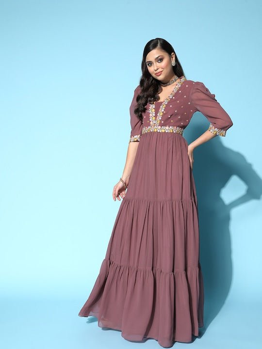 Mauve Floral Embroidered Georgette Maxi Dress - Inddus.com
