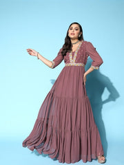 Mauve Floral Embroidered Georgette Maxi Dress - Inddus.com