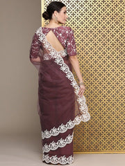 Mauve Floral Embroidered Net Saree - Inddus.com