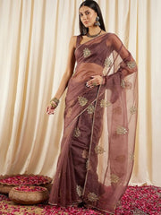 Mauve Floral Embroidered Sequinned Organza Saree - Inddus.com