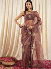 Mauve Floral Embroidered Sequinned Organza Saree - Inddus.com