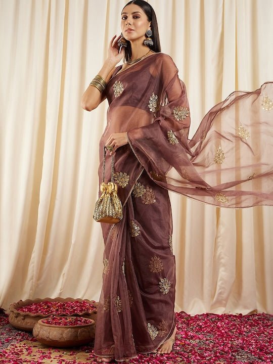 Mauve Floral Embroidered Sequinned Organza Saree