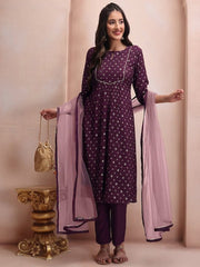 Mauve Floral Embroidered Thread Work Chanderi Cotton Kurta Set - Inddus.com