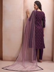 Mauve Floral Embroidered Thread Work Chanderi Cotton Kurta Set - Inddus.com