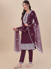 Mauve Floral Embroidered Thread Work Straight Kurta & Trousers With Dupatta - Inddus.com