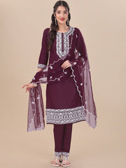 Mauve Floral Embroidered Thread Work Straight Kurta & Trousers With Dupatta - Inddus.com