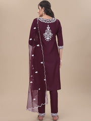 Mauve Floral Embroidered Thread Work Straight Kurta & Trousers With Dupatta - Inddus.com