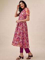 Mauve Floral Printed Puff Sleeves Kurta with Trousers - Inddus.com