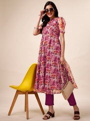 Mauve Floral Printed Puff Sleeves Kurta with Trousers - Inddus.com