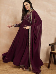 Mauve Floral Yoke Design Georgette Thread Work Anarkali Kurta With Dupatta - Inddus.com