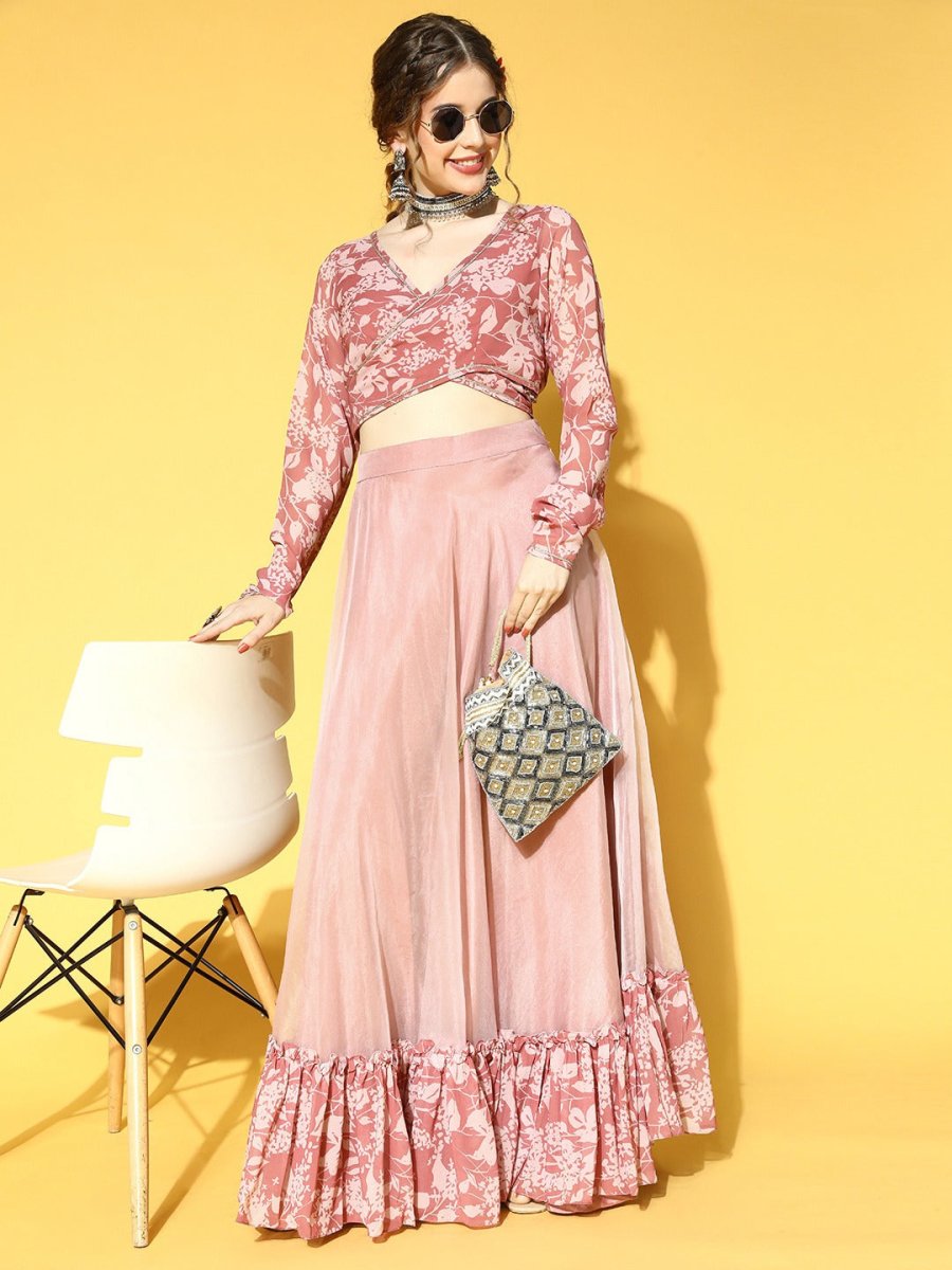 Mauve Georgette Floral Printed Top & Skirt Co-ords Set - Inddus.com