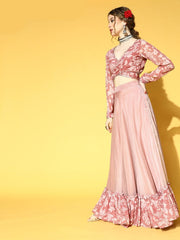 Mauve Georgette Floral Printed Top & Skirt Co-ords Set - Inddus.com