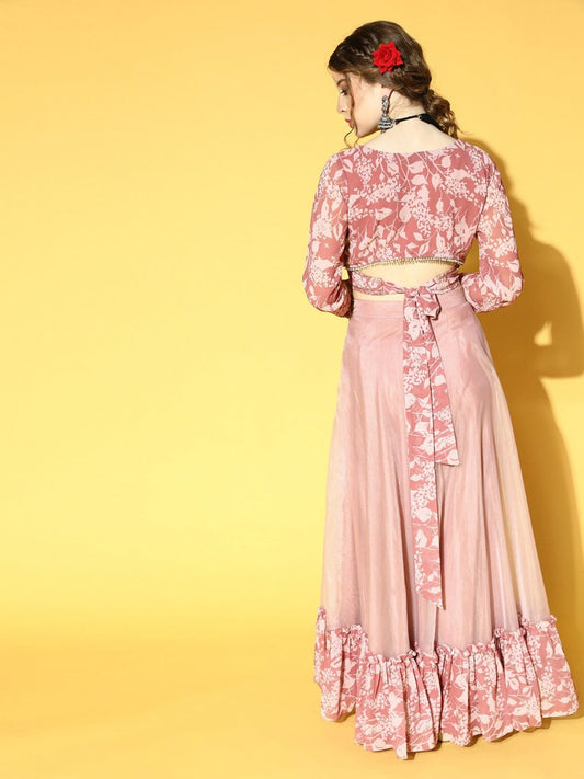 Mauve Georgette Floral Printed Top & Skirt Co-ords Set - Inddus.com
