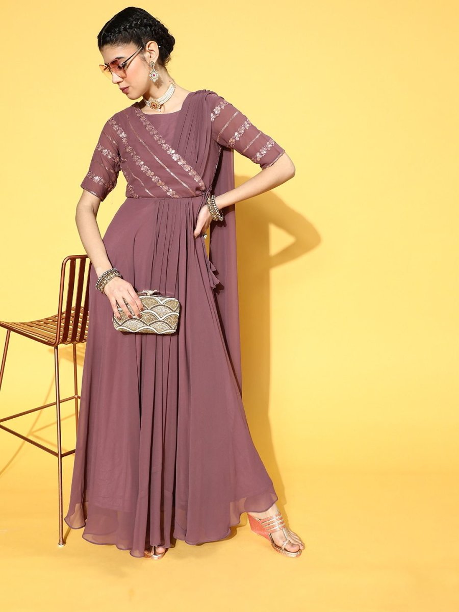 Mauve Georgette Partywear Self Design Dresses - Inddus.com