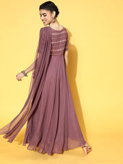 Mauve Georgette Partywear Self Design Dresses - Inddus.com