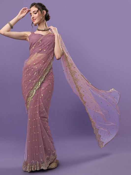 Mauve & Gold-Toned Floral Sequinned Embroidered Pastel Net Saree - Inddus.com
