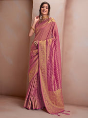 Mauve & Gold-Toned Woven Design Zari Tissue Kanjeevaram Saree - Inddus.com