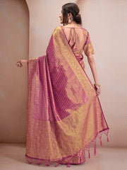 Mauve & Gold-Toned Woven Design Zari Tissue Kanjeevaram Saree - Inddus.com