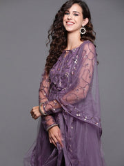Mauve High Slit Kurta with Trouser and Dupatta - Inddus.com