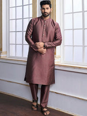 Mauve Mandarin Collar Ethnic Motifs Kurta with Trousers - Inddus.com