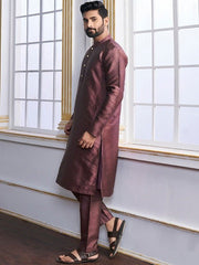 Mauve Mandarin Collar Ethnic Motifs Kurta with Trousers - Inddus.com