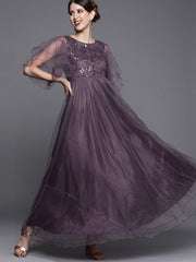 Mauve Net Embroidered Maxi Dress - inddus-us