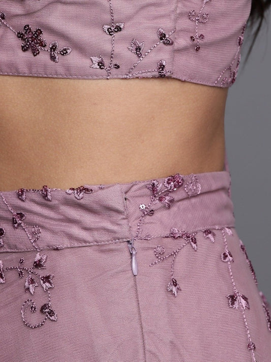 Mauve Net Embroidered SemiStitched Lehenga With Blouse and Dupatta and Belt - inddus-us