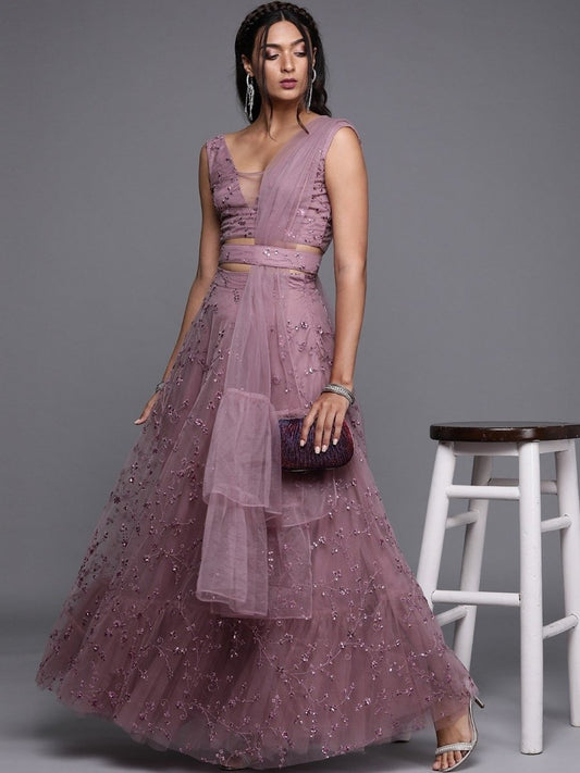 Mauve Net Embroidered SemiStitched Lehenga With Blouse and Dupatta and Belt - inddus-us