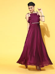 Mauve Poly Silk Partywear Self Design Dresses - Inddus.com