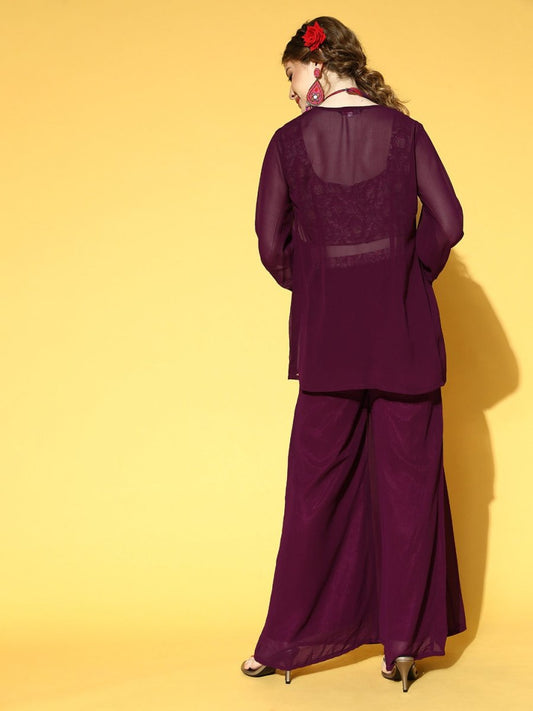 Mauve Self Design Embroidered Top & Solid Palazzo with Jacket - Inddus.com
