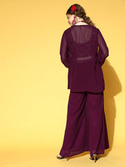 Mauve Self Design Embroidered Top & Solid Palazzo with Jacket - Inddus.com