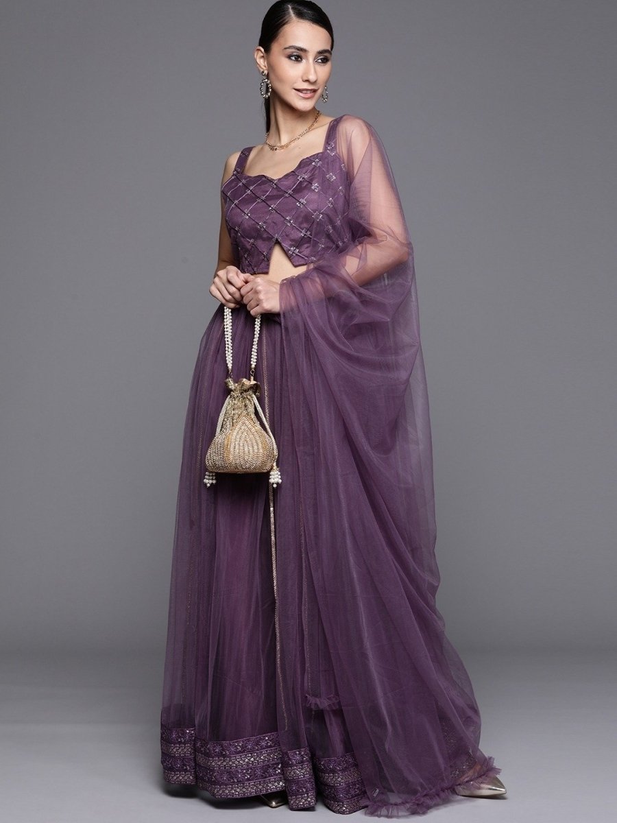 Mauve Sequinned Semistitched Lehenga with Sequin Blouse and Net Dupatta - inddus-us