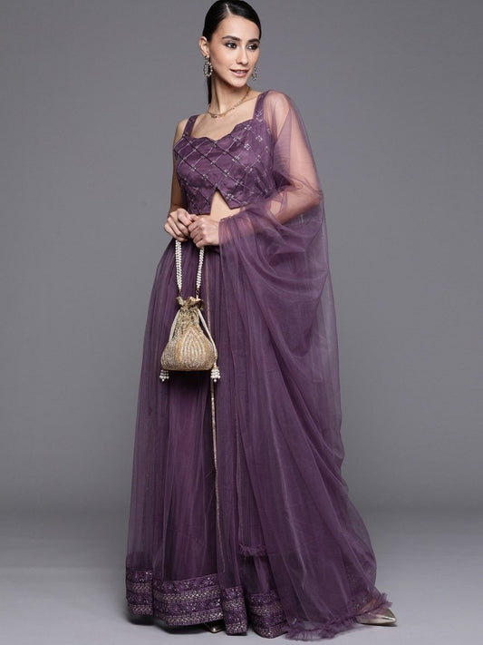 Mauve Sequinned Semistitched Lehenga with Sequin Blouse and Net Dupatta - inddus-us