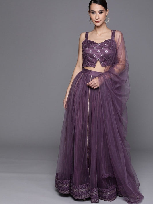 Mauve Sequinned Semistitched Lehenga with Sequin Blouse and Net Dupatta - inddus-us