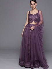 Mauve Sequinned Semistitched Lehenga with Sequin Blouse and Net Dupatta - inddus-us