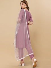 Mauve & White Floral Embroidered Regular Thread Work Kurta & Trousers With Dupatta - Inddus.com