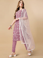 Mauve & White Floral Embroidered Regular Thread Work Kurta & Trousers With Dupatta - Inddus.com